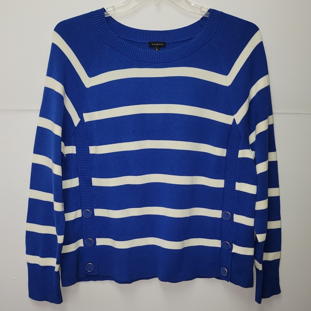 Talbots Blue White Striped Button Detail Sweater XL CottonBlend Nautical Classic